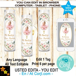 Étiquettes pour bougie de prière de baptême Mi Bautizo, photo, imprimable, rose poudré, fleurs, or, fille, édition et téléchargement en corjl