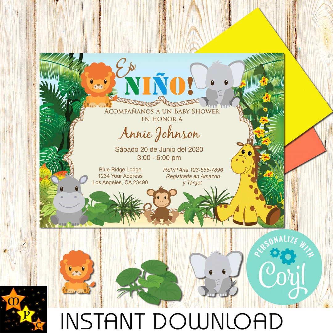 Spanish Baby Shower Invitation, Boy, Safari Jungle Animals, Instant