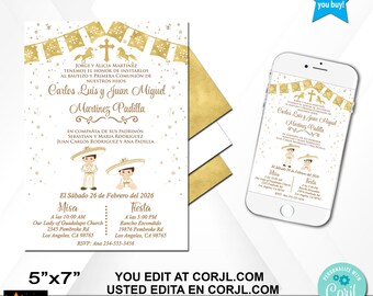 Invitación de Bautismo y Primera Comunión, Charros, Hermanos, Cualquier Idioma, Lámina Dorada, Editar y Descargar en Corjl 5x7