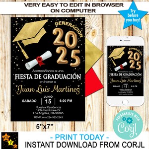 Uitnodiging Spaanse afstudeerfeest, invitacion Graduacion, afdrukbaar, zwart en goud, 2025, bewerken en downloaden in Corjl, 5 x 7