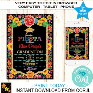 Graduierung Einladung, mexikanische Blumen, mexikanische Fiesta-Thema, sofortiger Download von Corjl, bearbeiten in Corjl, bedruckbar, MGP205, 5x7