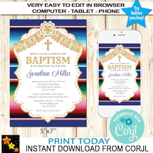 Baptism Invitation, Mexican Theme, Sarape Background, Instant download from Corjl, EDIT in Corjl, DIY, Printable, DIY, 5"x7"