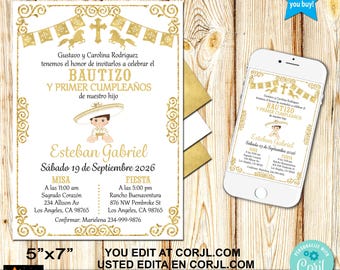 Charro Baptism & 1st Birthday Invitation, Gold Foil Glitter (5x7, Printable, Edit in Corjl)