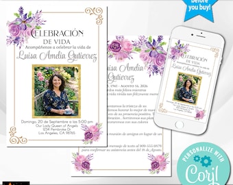 Spanish Celebration of Life Photo Invitation, Celebración de Vida, Violet Floral Memorial (5x7" Corjl Template)