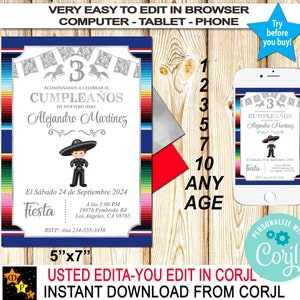 Convite de aniversário Charro, qualquer idade, Sarape, Charro preto prateado para criança, edite e baixe no Corjl, 5x7, qualquer idioma