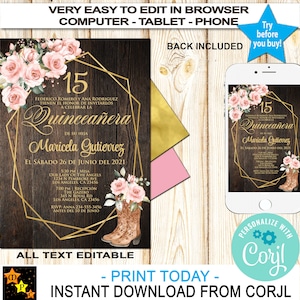 Spaanse quinceañera roze rozen en gouden uitnodiging, rustiek hout, directe download van Corjl, EDIT in Corjl, DIY, afdrukbaar, 5 x 7 inch, Q107