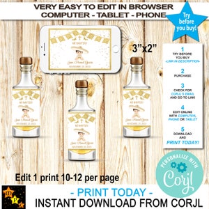 Etiketten voor mini-drankflesjes doop, baby Charro goud, charrito, Mexicaanse stijl, bewerkbaar, bewerken en downloaden in Corjl, afdrukbaar