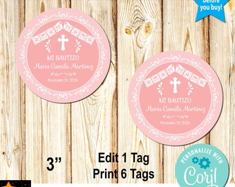 Pink Mi Bautizo Favor Tags, Mexican Talavera, Editable Corjl Template 3 inch (Digital Download)