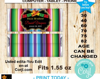 Mexican Theme Chocolate Candy Wrapper, Any Age, All text editable, Fits 1.55oz Candy Bar, Sarape Background, in Corjl, Instant Download