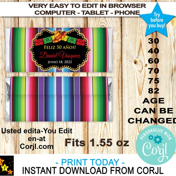 Mexican Theme Chocolate Candy Wrapper, Any Age, All text editable, Fits 1.55oz Candy Bar, Sarape Background, in Corjl, Instant Download