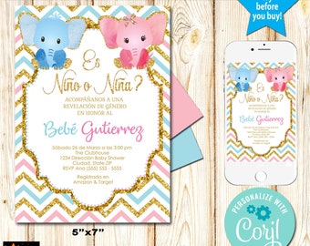 Spanish Gender Reveal Party Invitation, Boy or Girl, He or She, Blue, Pink, Editable, Printable, Instant Download from Corjl, Edit in Corjl