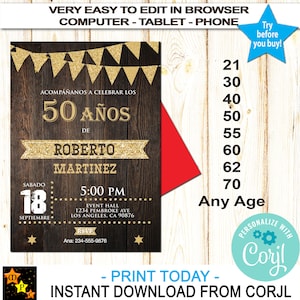 Spanish Rustic Birthday Invitacion Vaquera Any Age Editable Printable SRG104
