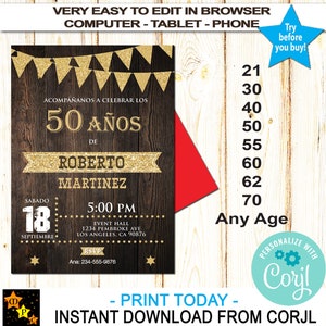 Spanish Rustic Birthday Invitacion Vaquera Any Age Editable Printable SRG104