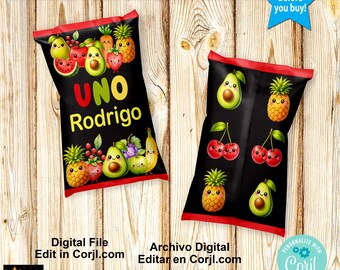 Spanish Dancing Fruit Chip Bag Label, Hey Bear, Birthday Party, Editable Template (Instant Download Corjl)