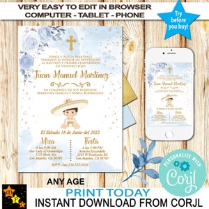 Batismo Espanhol e 1º Aniversário - Qualquer Idade - Convite, Charro, Tema Mexicano, Folha Azul e Dourada, Download Instantâneo, Editar em Corjl, Faça Você Mesmo, 5x7