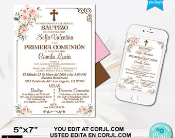 Spanish Baptism First Communion Invitation, Pink Floral, Editable Corjl Template (5x7")