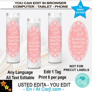 English Cielito Lindo Baptism Candle Labels, Pink White, Mexican Theme, Printable, Editable, Talavera, Edit and Download in Corjl