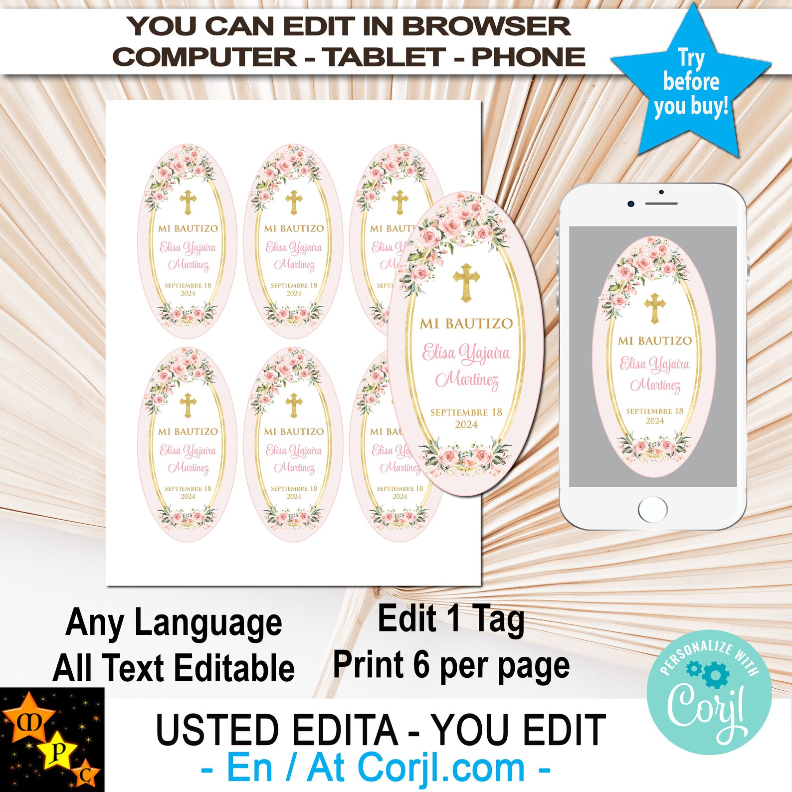 Mi Bautizo Baptism Prayer Candle Labels, Printable, Pink Roses, Gold ...