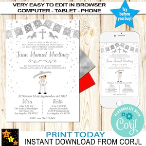 May include: A silver and white printable invitation for a baptism and first birthday party. The invitation features a cartoon boy wearing a traditional Mexican outfit and a silver cross. The text on the invitation reads "Jorge y Alicia Martinez tienen el honor de invitarlos al bautizo y primer cumpleaños de nuestro hijo Juan Manuel Martinez en compania de sus padrinos Sebastian Garcia y Maria Rodriguez. El Sabado 18 de Septiembre del 2021. Misa A las 9:00 AM Our Lady of Guadalupe 1123 Main Ave Los Angeles, CA 98765 Fiesta A las 5:00 PM Rancho Escondido 2345 W Pembroke Rd Los Angeles, CA 98765 RSVP: Ana 234-555-3456"