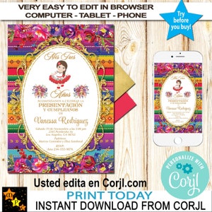 Présentation en espagnol et invitation d'anniversaire, 3 ans, thème mexicain, sarape, rose et or, téléchargement immédiat, édition en corjl, imprimable, 5 x 7