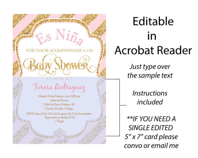SPANISH Baby Shower Invitation Girl Pink and Gold DIagonal Etsy