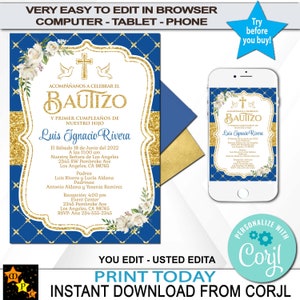 Convite de Batismo Espanhol Editável, Batismo 1º Aniversário, Qualquer Idade, Azul e Dourado, Download Instantâneo, Edite em Corjl, Imprimível, 5x7