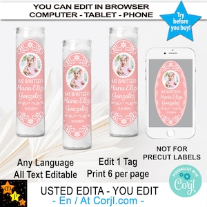 Mi Bautizo Baptism Photo Candle Labels, Pink Barro, Talavera, Recuerdo, Mexican Theme, Printable, Cielito Lindo, Edit & Download in Corjl
