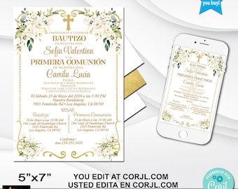 Spanish Baptism & First Communion, Bautizo y Primera Comunión, White Flowers, Editable in Corjl, Printable, 5x7