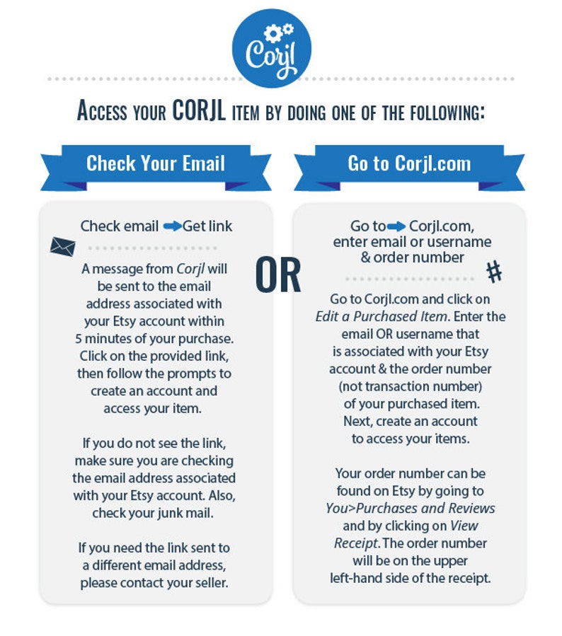 May include: A blue and white graphic with instructions on how to access your Corjl item. The graphic shows two options: check your email for a link or go to Corjl.com and edit a purchased item. The graphic includes the text "#" and "OR".