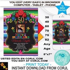 Spanish Photo Birthday Invitation, Mexican Fiesta Flowers, Any Age, Sarape Background, Instant, Edit in Corjl, Printable, 5x7