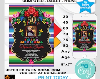 Spanish Photo Birthday Invitation, Mexican Fiesta Flowers, Any Age, Sarape Background, Instant, Edit in Corjl, Printable, 5x7