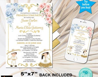 Spanish First Communion Invitation Primera Comunión Two Kids Hermanos Boy and Girl Charros  Edit & Download in Corjl 5x7