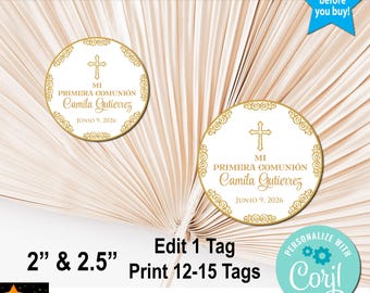 First Communion Favor Tags, Gold, Editable, Printable (Digital Download) Any Language