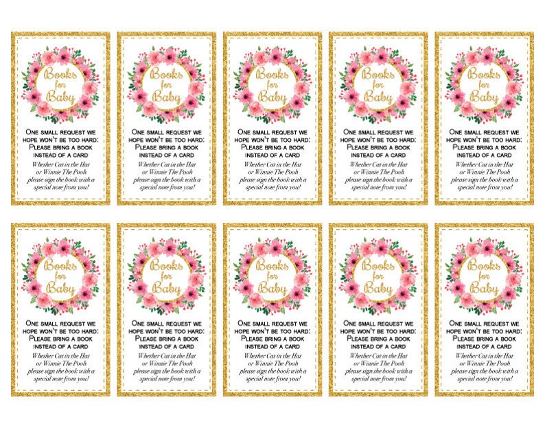 Floral Pink and Gold Glitter Shabby Chic DIY Instant Download Bring a Book Request Crown Flowers Flowers 2x3.5 Printable