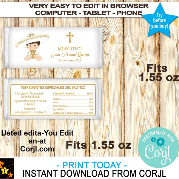 Mi Bautizo Baptism Chocolate Wrapper, Gold, Charro, Printable Nutrition Facts, fits 1.55oz Chocolate Candy Bar, Edit & Download in Corjl
