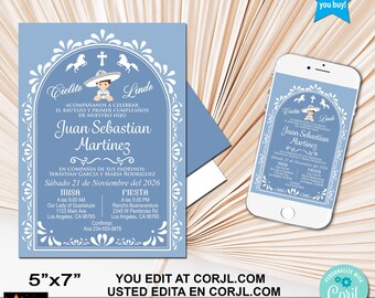 Spanish Baptism and 1st Birthday Invitation, Blue Mexican Charrito Silver (Printable, Edit in Corjl)