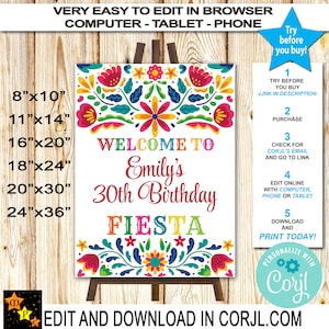 Fiesta Welcome Sign, Mexican Flowers, Instant Download from Corjl, Edit in Corjl, 6 sizes, Printable, Change Background Color