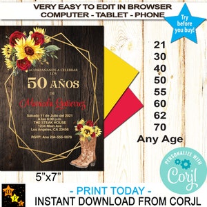 Spaanse zonnebloemen en rozen gouden verjaardagsuitnodiging, rustiek hout, instant download van Corjl, EDIT in Corjl, DIY, afdrukbaar, 5 x 7 inch