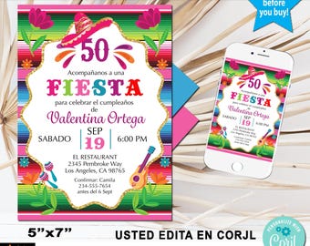 Mexican Fiesta Birthday Invitation, Floral, Any Age (Instant Download)