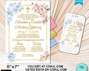 Spanish Baptism Invitation, Twins, Siblings, Boy Girl, Blue Pink Gold (Digital Download)
