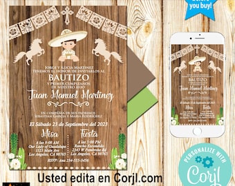 May include: A rustic wood background with a printable invitation for a baby boy's baptism. The invitation features a cartoon image of a baby boy wearing a sombrero and holding a cross. The text on the invitation reads "Bautizo" and "Juan Manuel Martiney". The invitation also includes information about the baptism ceremony and reception.