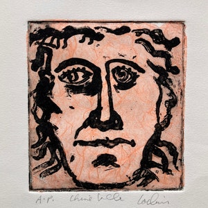 Face One, Etching, aquatint, chine colle. Unframed. Paper size 11 x 9 1/4 inches, image size 6 1/4 x 6 inches, unframed. Sold by the artist.