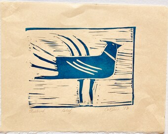 Bluebird, Relief print on Japanese rice paper, image 7 x 5.1/4 inches, paper 11 x 9 1/2 Unframed. Sold by the artist.