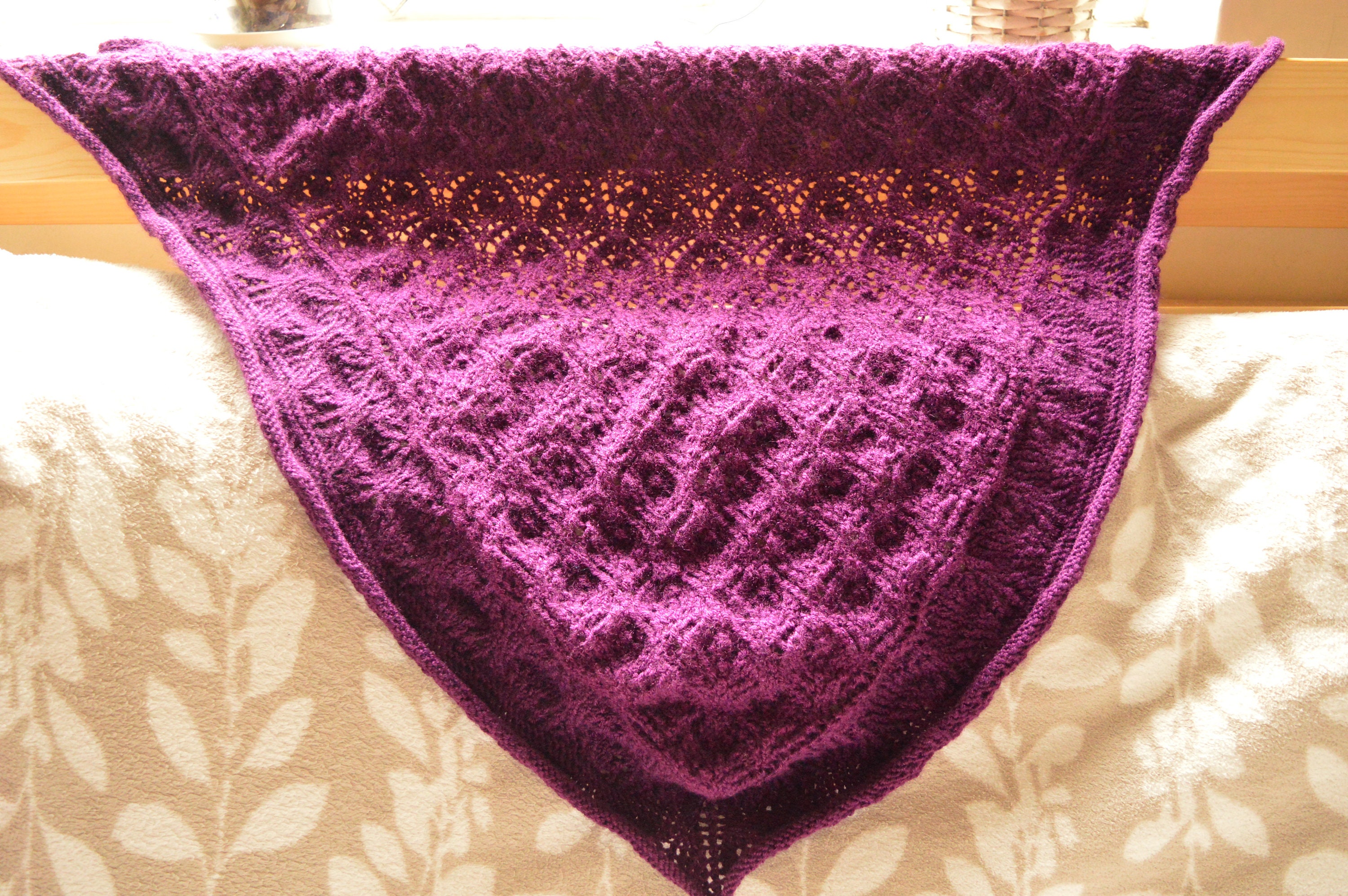 Hand Knitted Purple Lace Triangle Shawl with Shawl Pin