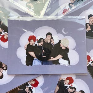 May include: Five people, all wearing black clothing, are standing in a circle with their arms around each other. They are all smiling and looking at the camera. The background is a light purple with a white cloud and a crescent moon.