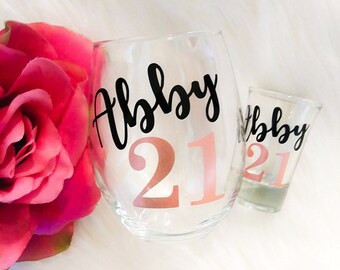Set of 2, 21st Birthday Gift For Her, 21st Birthday Wine Glass, 21st Birthday Shot Glass, Best Friend Gift, Daughter Gift, 21 AF, Finally 21