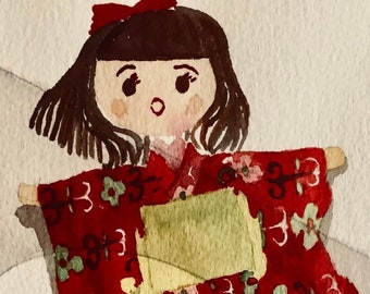 JAPANESE DOLL card, folded card, watercolor art