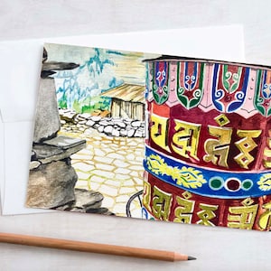 Kaart TIBETAANS GEBEDWIEL, wintervakantie, kerstmis en nieuwjaar, Tibet, Sikkim, Nepal, boeddhistische heilige tekst, briefpapier, notitiekaart