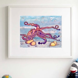 POLPO VIOLA Stampa ad acquerello, Pittura murale, Decorazione vivaio, Fauna selvatica Animale marino marino, Calamari, Polpo