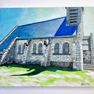 May include: A painting depicting a stone building with a blue roof. The building features several arched windows and a small bell tower. The building is surrounded by green grass and a dirt path.